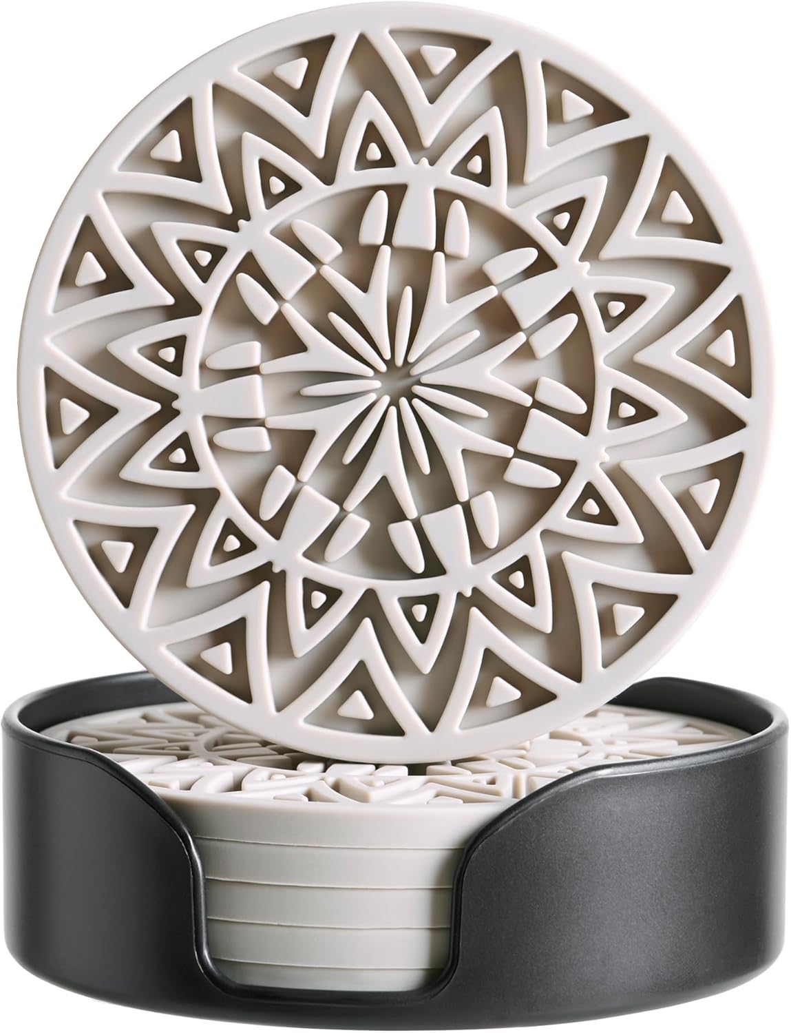 Set of 6 Light Taupe Silicone Coasters with Holder, Drink Coasters with Tribal Pattern Shape- for Table Protection, Anti Slip, Nonstick, Heat Resistant, Deep Tray