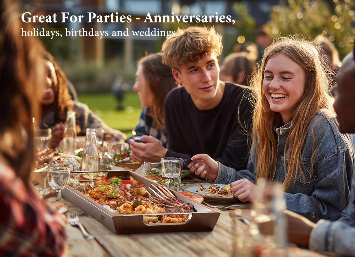 Large Acacia Wood Serving Tray with Metal Handles - 36" Long Charcuterie Board for Cheese, Meat & Appetizers - Perfect for Kitchen Use, Entertaining, BBQ Gatherings & Home Decor Display