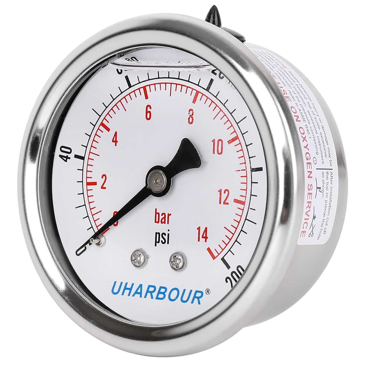 Glycerin Filled Pressure Gauge 200psi/14bar, Stainless Steel case, Brass Inside Construction, 2-1/2" dial, 1/4" NPT Back Connection.…