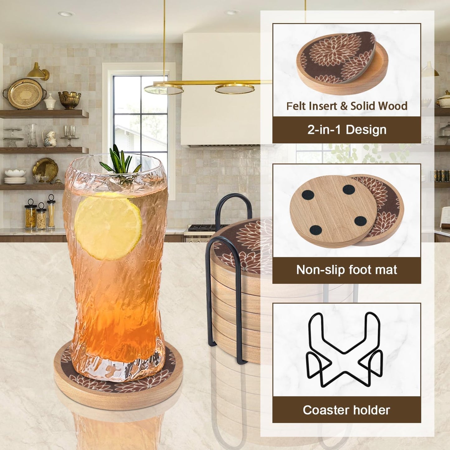 Wood Coasters Set of 6 with Holder, Cewiru Cup Mat for Drinks, Absorbent Coasters with Felt Insert for Coffee Table Protection, Modern Style Home Dining Table Decor, 4.3" Brown