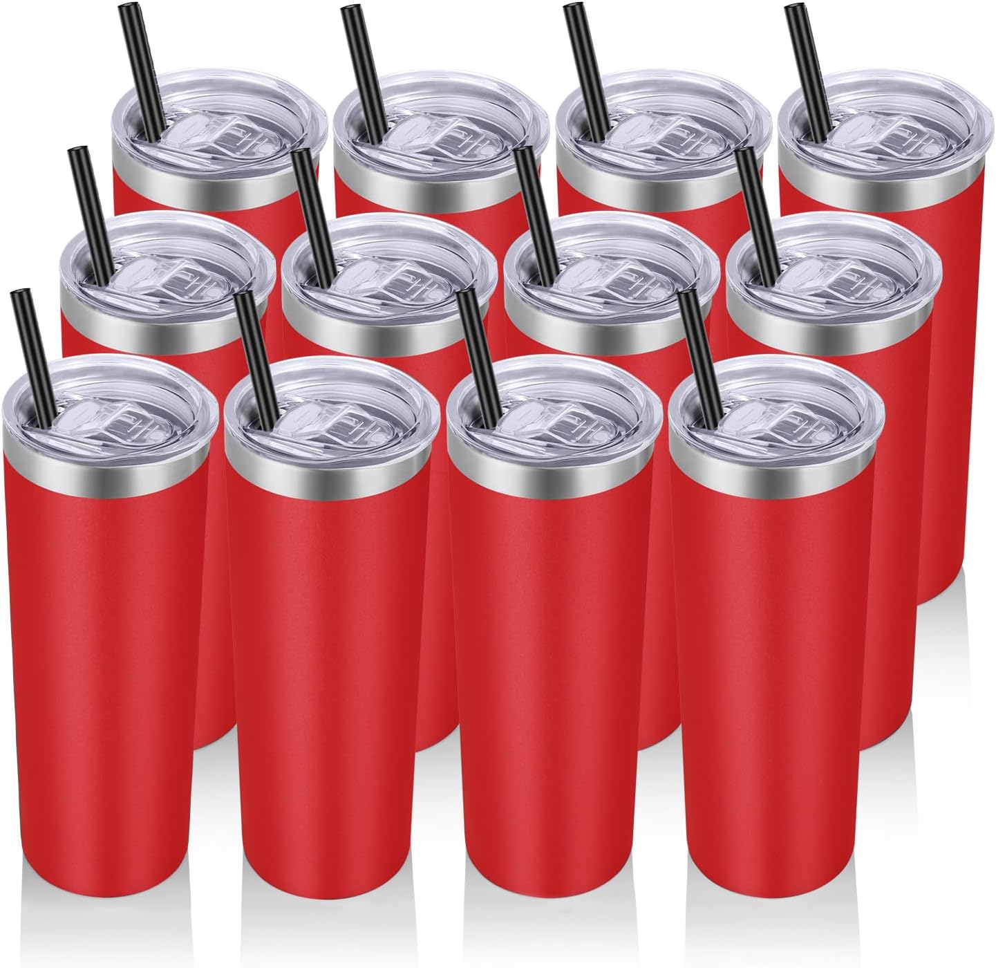 VEGOND 20 oz Stainless Steel Skinny Tumbler with Lids and Straws, 20oz Vacuum Insulated Slim Tumbler Cup, Double Wall Travel Tumblers Bulk for Cold Hot Drinks, Red 12 Pack