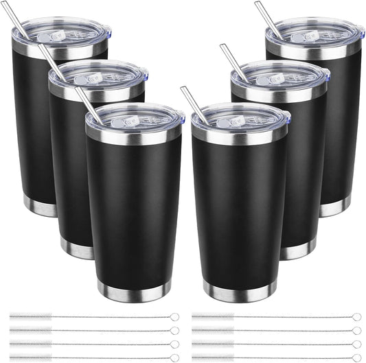 20oz Tumbler Bulk with Lid and Straw, Stainless Steel Double Wall Vacuum Insulated Travel Mug, Powder Coated Coffee Cups for Hot and Cold Drinks,Funny Gifts for Women Men(Black,6)