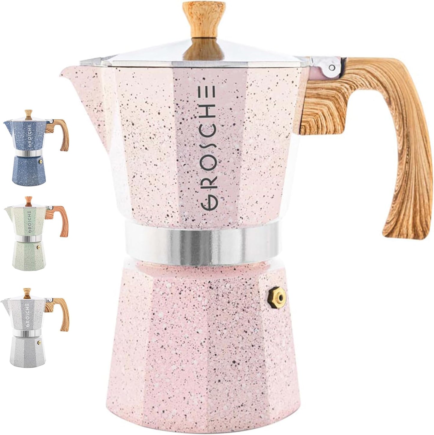 GROSCHE Milano Moka pot, Stovetop Espresso maker, Greca Coffee Maker, Stovetop coffee maker and espresso maker percolator (Pink, 6 cup)