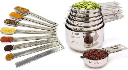 Measuring Cups and Spoons Set of 15, Stackable Cups, Long Handle with Leveler Fits Narrow Jars, 304 Premium Stainless Steel, Kitchen Gadgets for Liquid & Dry Ingredients Cooking Baking