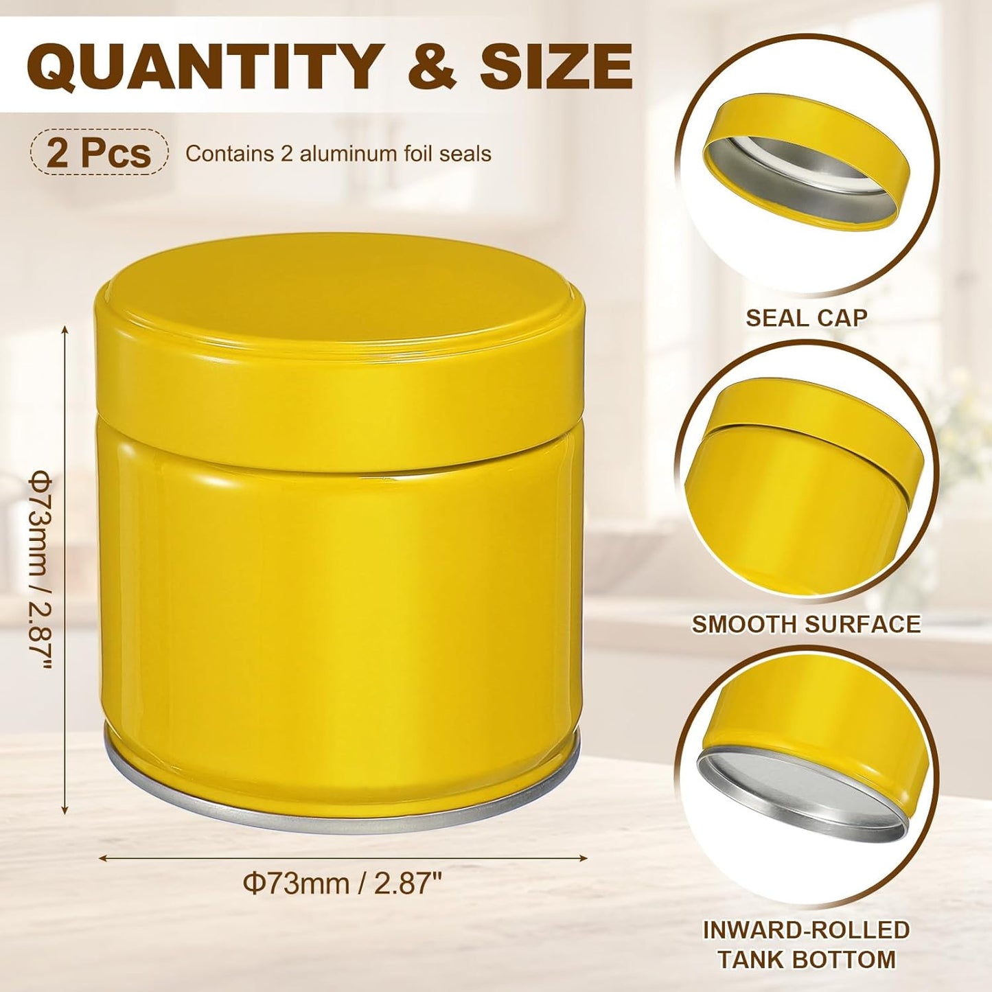 uxcell 2Pcs Round Tea Canisters, 3" x 3" Airtight Metal Tea Containers for Loose Tea, Coffee Beans, Spices - Durable, Compact, and Stylish Storage Tea Tin (Yellow)
