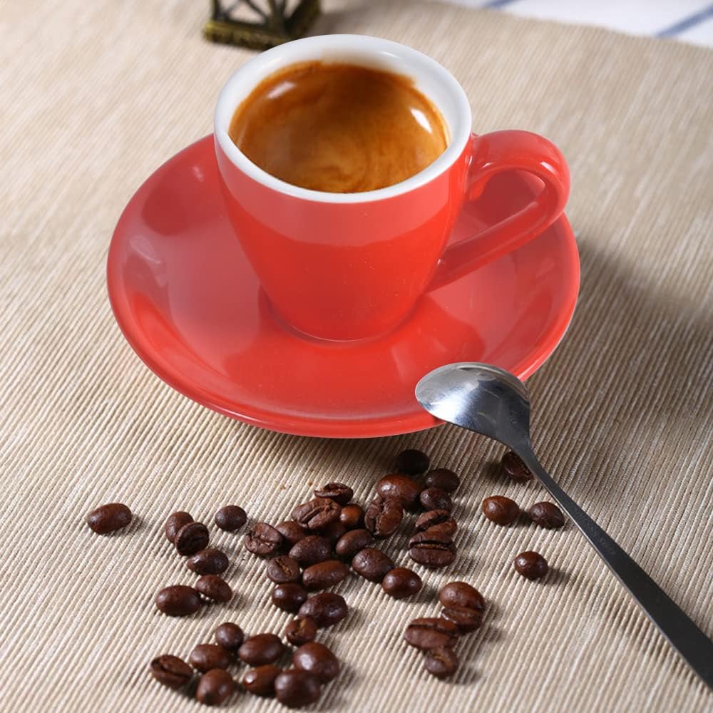Porcelain Espresso Cup with Saucer And Stainless Steel mini Spoons, Espresso shot Cup, 80ml/2.7Oz, Pack of 2, Red