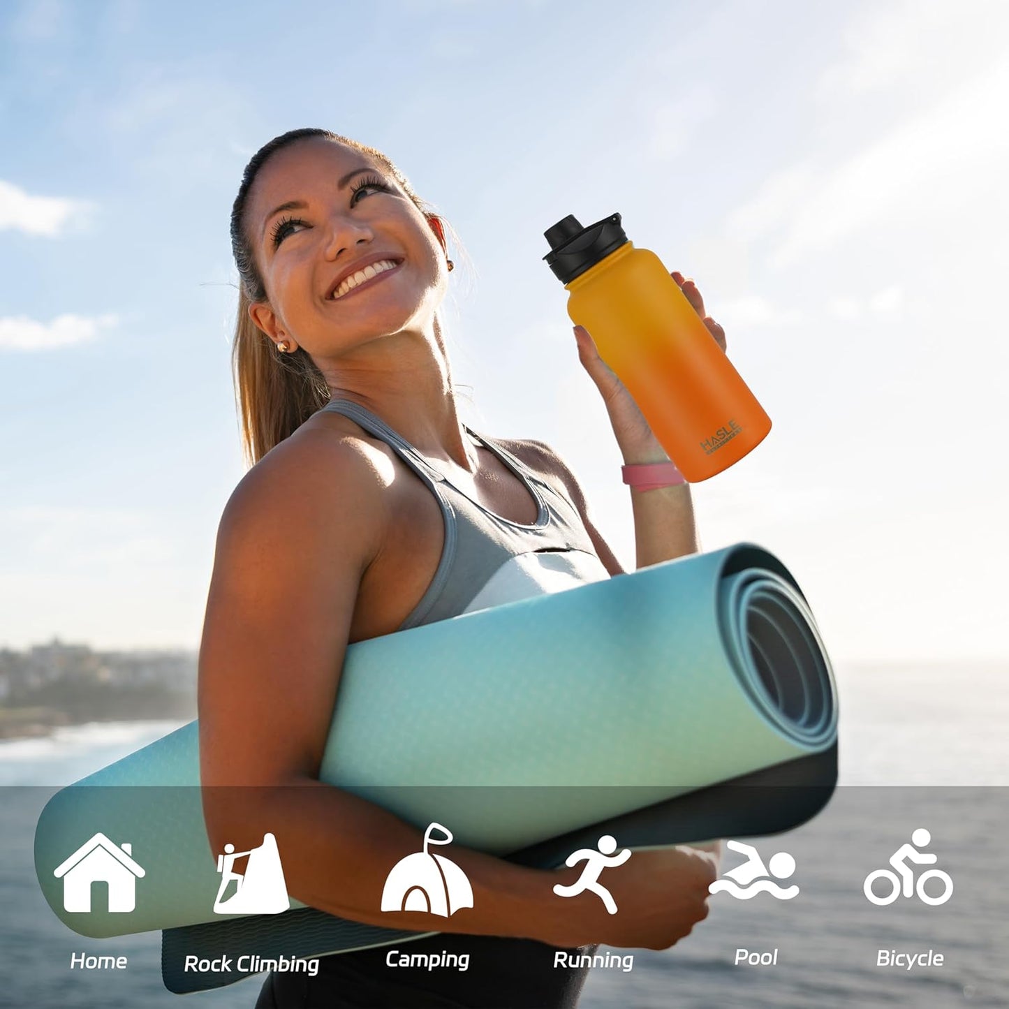 HASLE OUTFITTERS 32 oz Insulated Water Bottle Stainless Steel Double Walled Vacuum Sports Water Bottle with 2 Lids (Straw and Spout Lid) for Gym Camping Hiking(Yellow Orange Gradient,1)