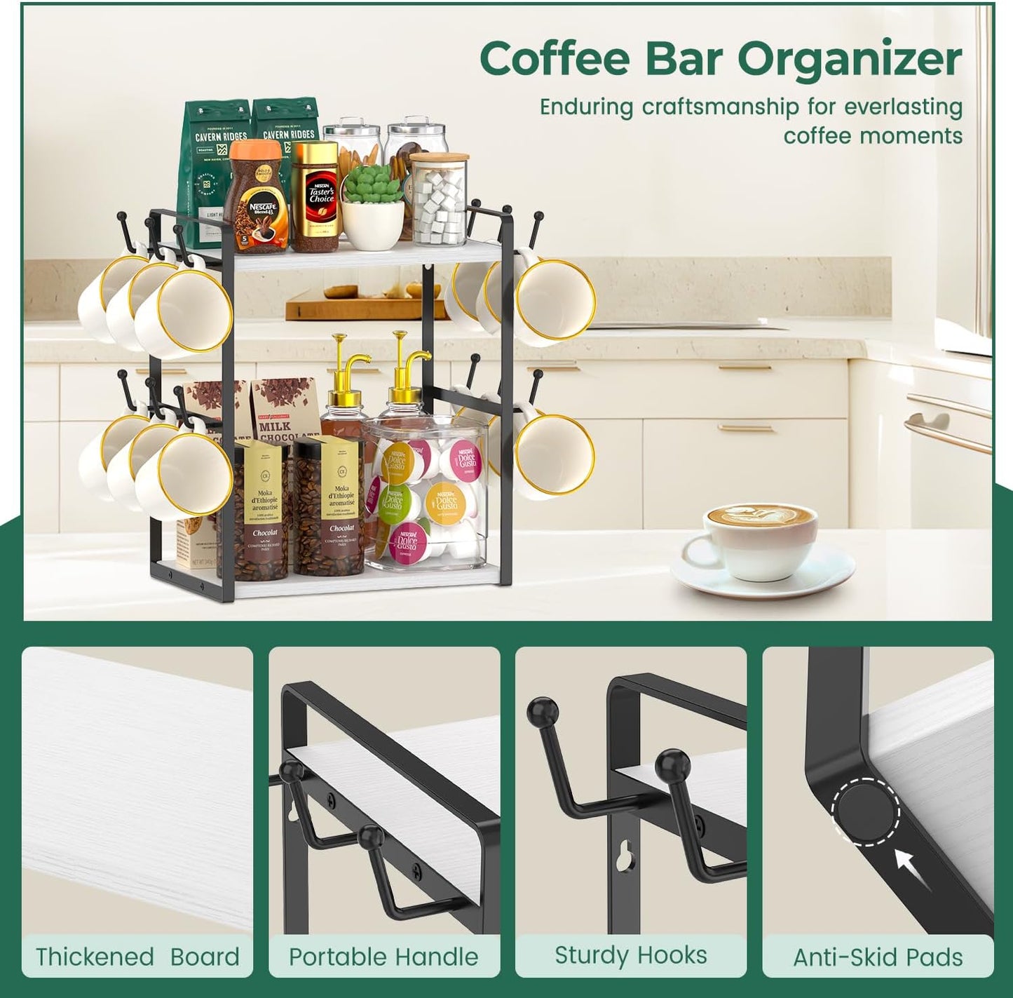 EsLuker.ly 2 Tier Coffee Mug Holder Station Bar Organizer Countertop, Mug Cup Tree Rack for Kitchen Office, Storage Shelf with 12 Hooks, Creat Stylish Coffee Corner, White-Black