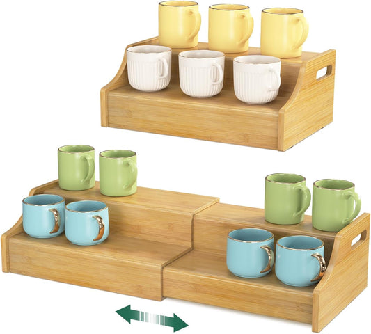 EsLuker.ly Coffee Mug Cup Holder Rack for Cabinets Countertop, 2 Tier Expandable Mug Storage Organizer Bamboo Coffee Bar Station Display Stand Shelf for Kitchen Countertop, No Assembly, More Space