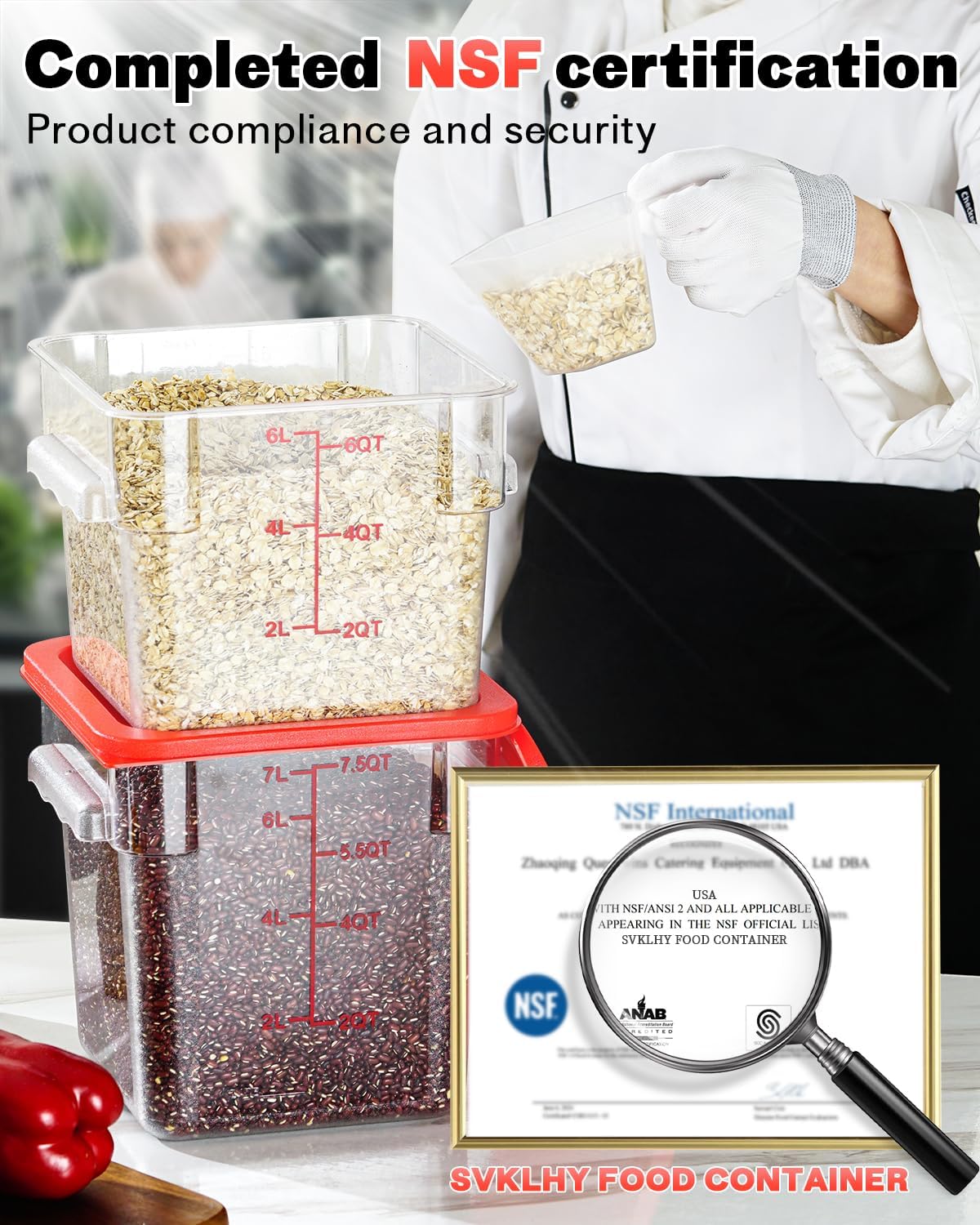 4QT NSF Food Storage Containers with Lids: 4 PCS [Total Food Grade][Hot&Cold Resistant] Commercial Clear Food Storage Containers for Restaurant Kitchen Proof Dough, Measuring Spoons Included(Red)