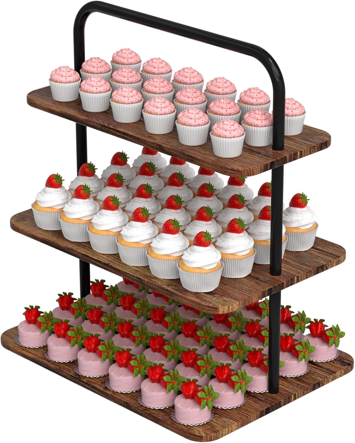 Cupcake Stand, 3-Tier Dessert Stand for 68 Cupcakes, Wood & Metal Tower Display Premium Holder Dessert Tree Tower for Wedding Graduation Birthday Christmas Party, Serving Tray