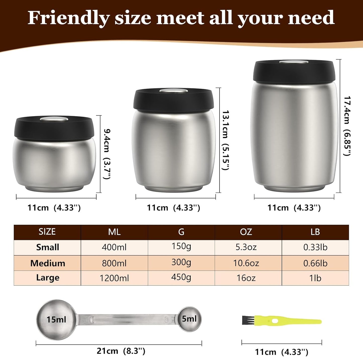 Coffee Vacuum Canister,800ml/10.7oz Stainless Steel Coffee bean Container,Food Storage Container with Airtight Lid,Push Out Excess Air Preserve Food Freshness