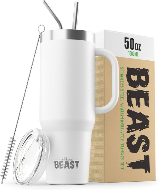 Beast 50 oz Tumbler Stainless Steel Vacuum Insulated Coffee Ice Cup Double Wall Travel Flask (Arctic White)