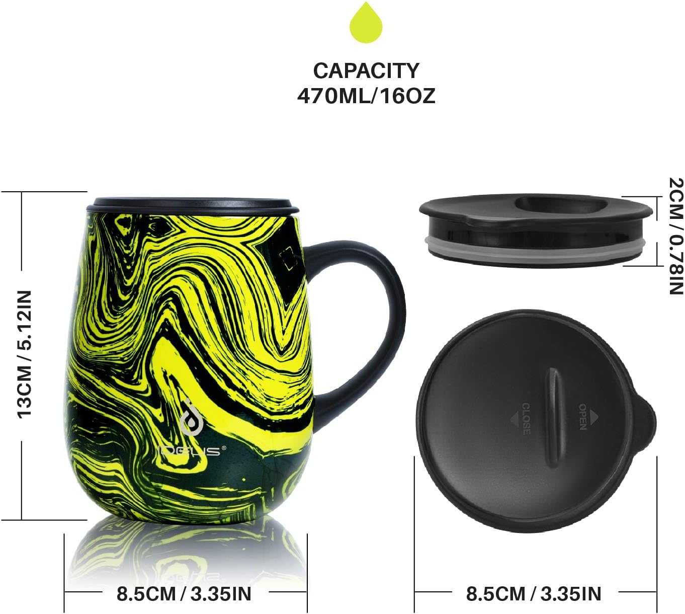 Ideus 16 oz (470 ml) Insulated Coffee Mug with Handle and Lid, Double Wall Stainless Steel Vacuum Thermal Coffee Mug, Travel Coffee Cup Thermal Cup for Home and Office (Yellow Zebra)