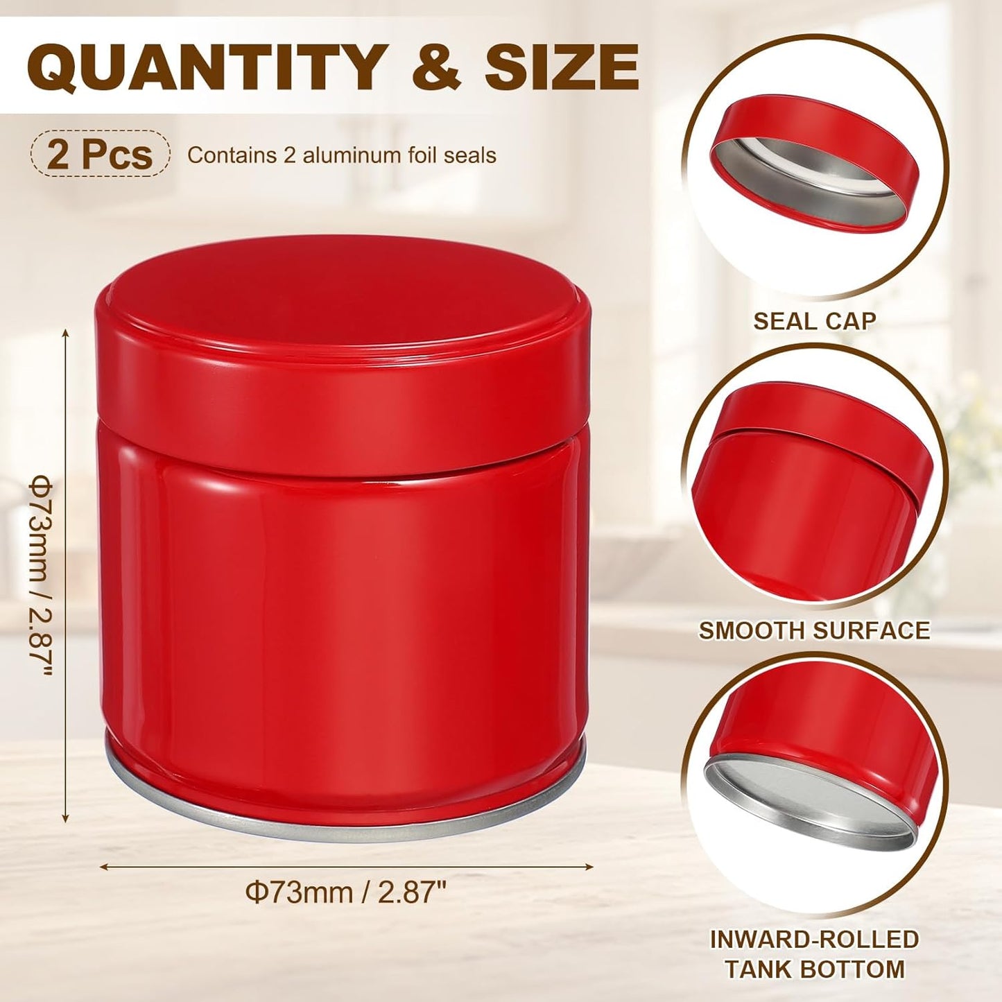uxcell 2Pcs Round Tea Canisters, 3" x 3" Airtight Metal Tea Containers for Loose Tea, Coffee Beans, Spices - Durable, Compact, and Stylish Storage Tea Tin (Red)
