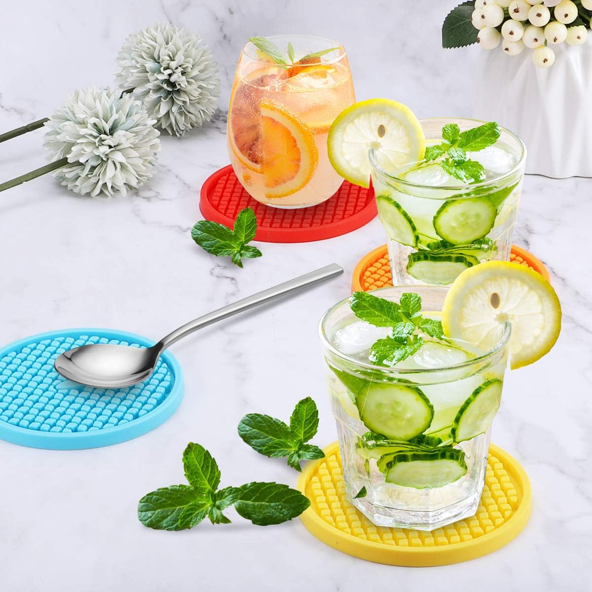 ME.FAN Silicone Coasters [6 Pack] Thickened Drink Coasters with Holder - Cup Mat - Non-Slip, Non-stick, Stay Put, Deep Tray - Prevents Furniture and Tabletop Damages(Wine Red)