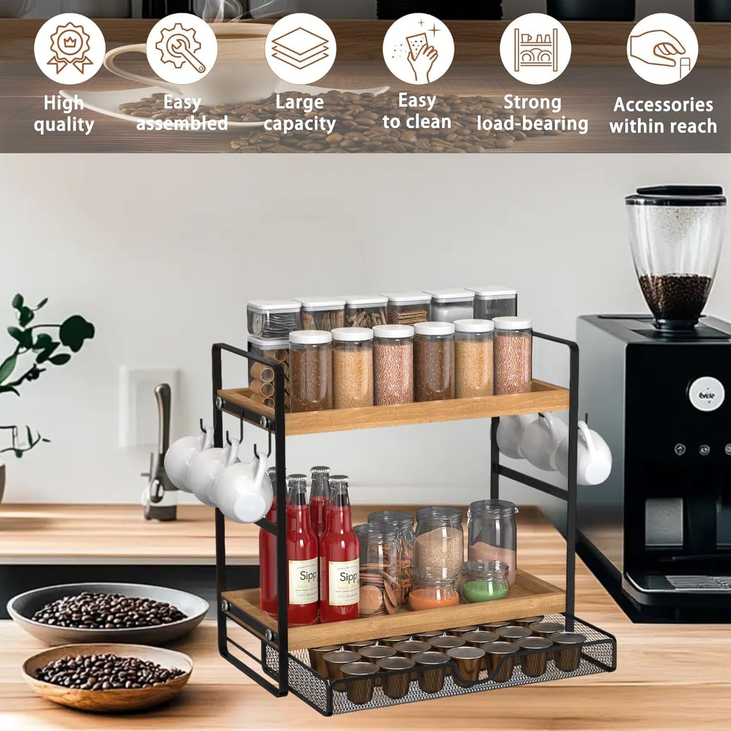 LEMIKKLE 2-Tier Coffee Station Organizer with Pod Holder and Drawer, Kitchen Countertop Organizer, Coffee Bar Accessories Station with Coffee Pod Storage, Coffee Organizer