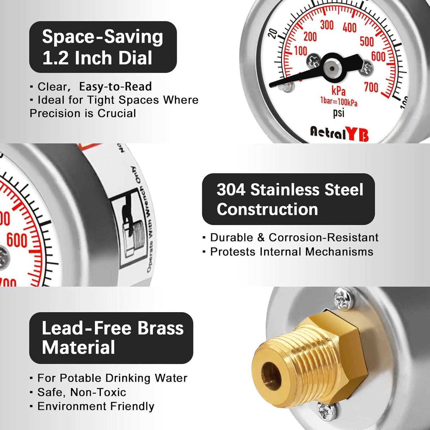 100Psi/700Kpa Mini Pressure Gauge,Stainless Steel Housing,Brass Internal,1.2 Inch Dial,NPT 1/8" Back Mount,Dry Type, Lead-Free Material,for Air,Water,Oil Pressure Test