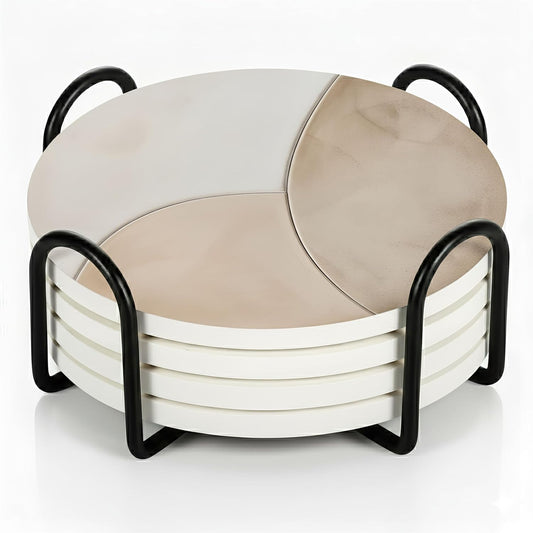 VEYRO Coasters Set of 4 for Drinks – Absorbent Ceramic Stone Drink Coasters with Cork Backing for Coffee Table & Desk, Modern Marble Look Cup Coaster Set, Housewarming Gift for New Home