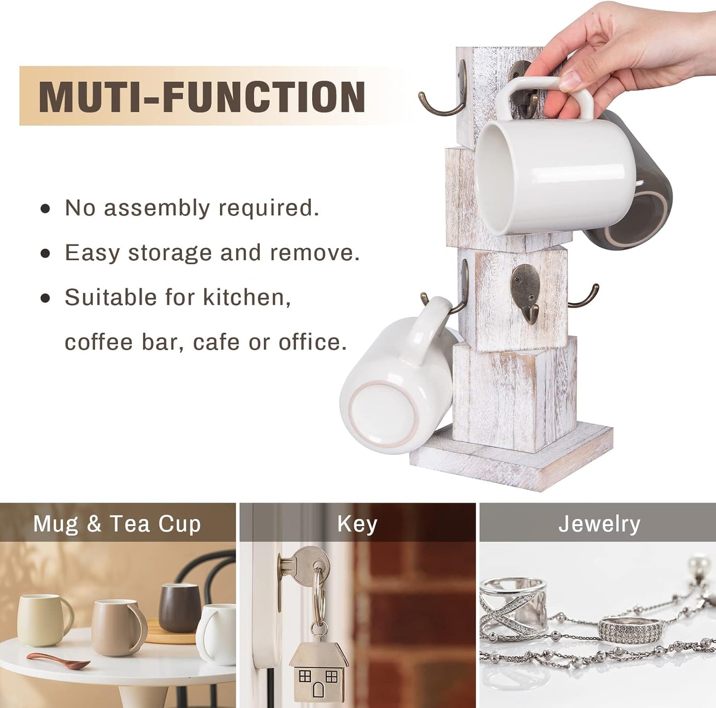 Coffee Mug Holder Tree, Rustic Solid Wood Mug Tree Stand with 8 Hooks, Farmhouse Coffee Cup Holder for Counter, Mug Hanger for Kitchen Organizer, Farmhouse White