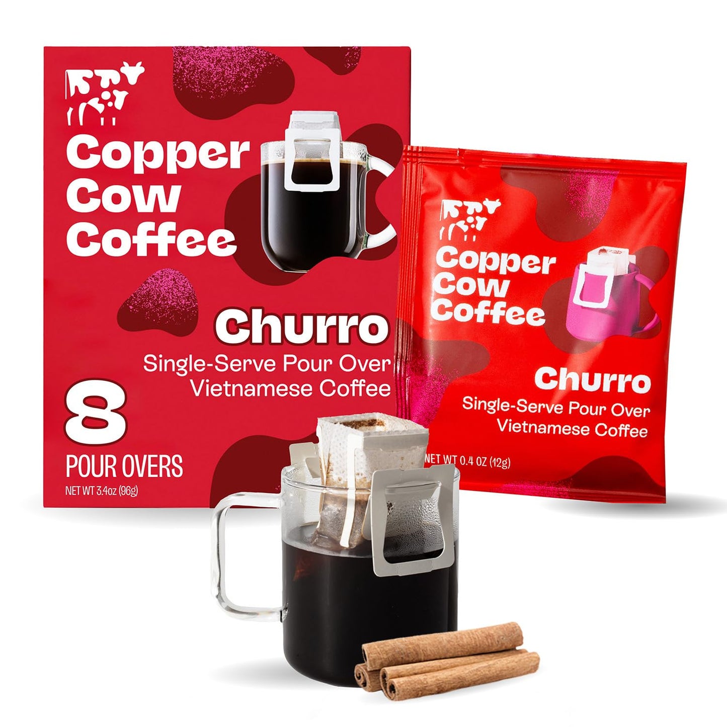 Copper Cow Premium Pour Over Single-Serve Vietnamese Coffee | Churro | Dark Roast | Flavored with Real Cinnamon | Includes 8 Coffees