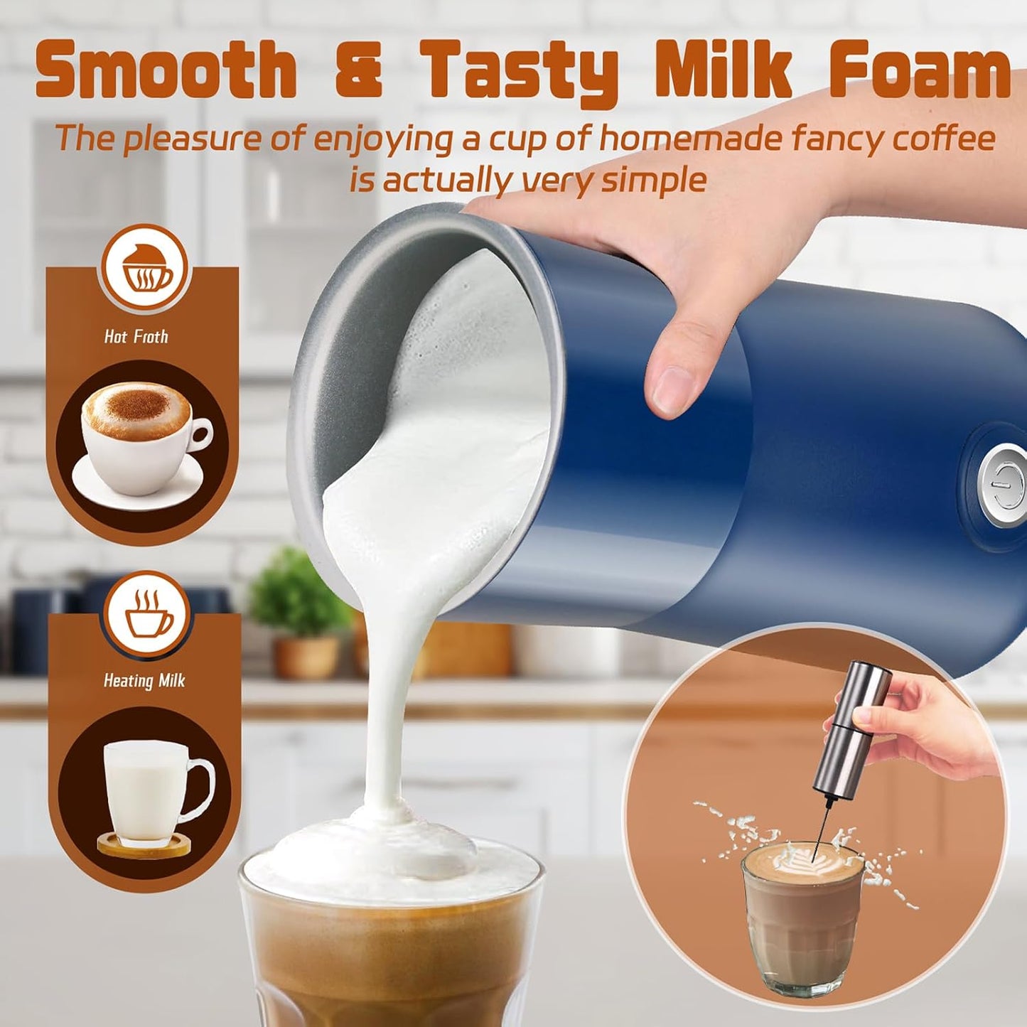 Simple Milk Frother, 2 in 1 Milk Steamer and Frother, Electric Milk Steamer, Milk Warmer and Hot Milk Foam Maker for Latter, Macchiato, Cappuccinos (Blue)