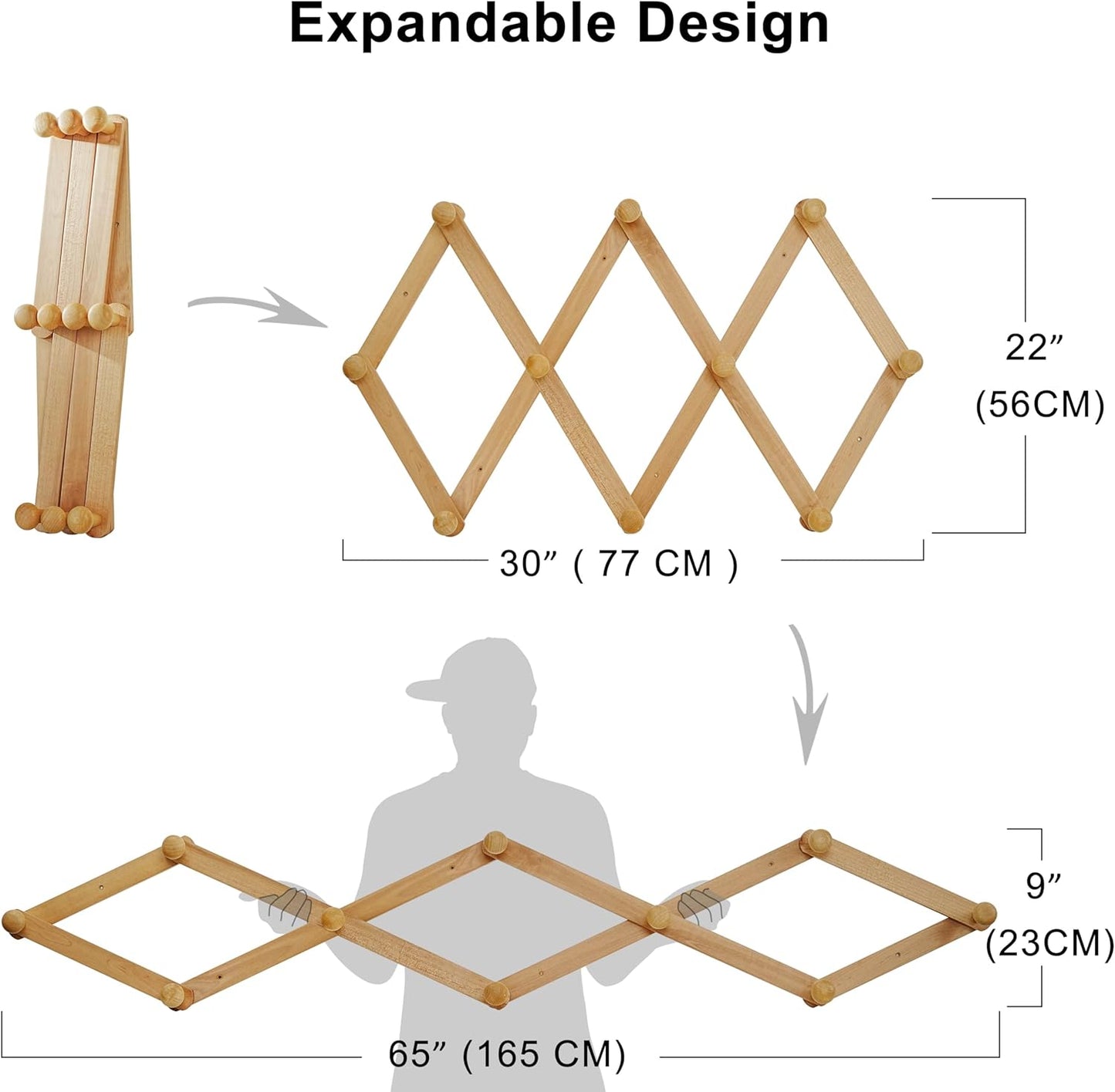 Dseap Expandable Coat Rack (Larger Version) - 24” High, Anti-Slip, Ultra Heavy Duty Wooden Accordian Wall Hanger with 10 Study Peg Hooks for Clothing Hats Jackets Bags, White