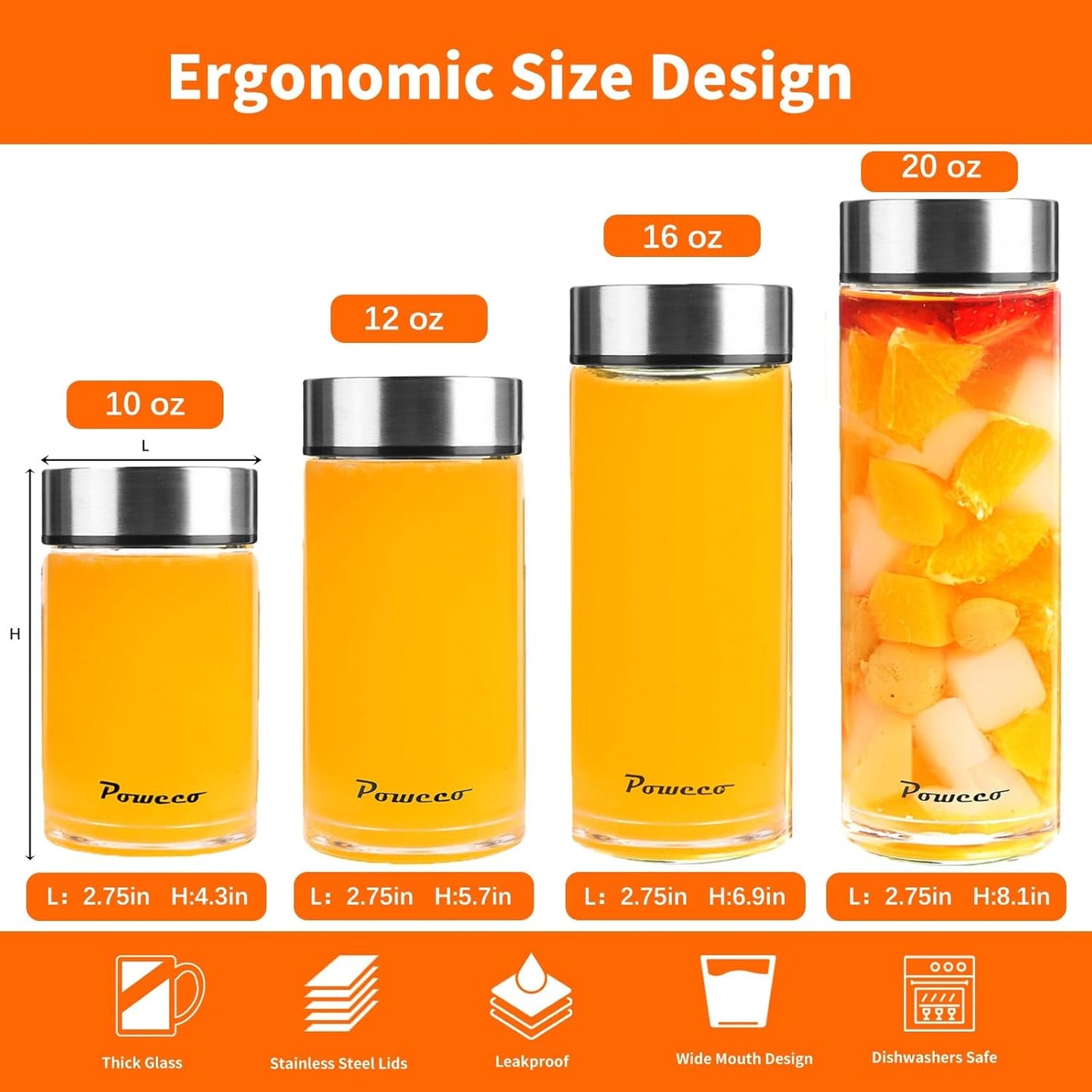 10oz Glass Juice & Water Bottles 6-Pack with Lids- Wide Mouth Reusable Borosilicate Glass- for Juicing, Smoothies, Protein Shakes, Blender & Shaker Bottle- Refillable & Dishwasher Safe(10 oz/300ml)