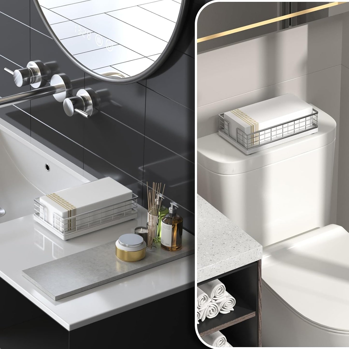 Wican Marble Guest Towel Holder Tray for Bathroom, Napkins Holder for Powder Room Dinning Table Wooden Basket for Disposable Paper Hand Towels Silvery and Marble White