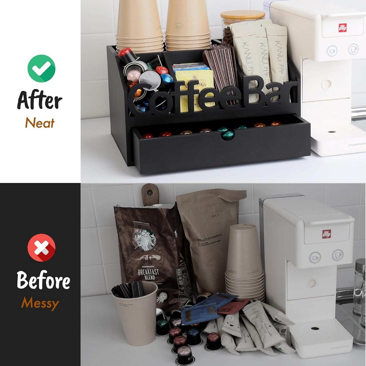 Coffee Bar Organizer for Countertop – Wooden Coffee Station with Black Drawer, Tea and K Cup Storage Rack, Coffee Pod Holder for Home and Office Counter Organization