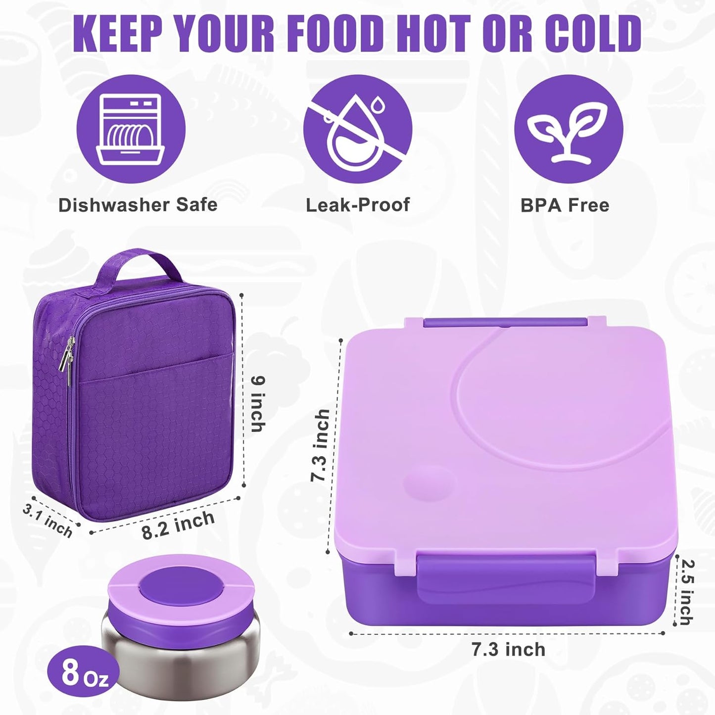 Bento Lunch Box for Kids with 8oz Soup Thermo&Lunch Bag, Leak-Proof Lunch Food Containers with 4 Compartment, Hot Food Insulated Food Jar for Kids School (Purple)