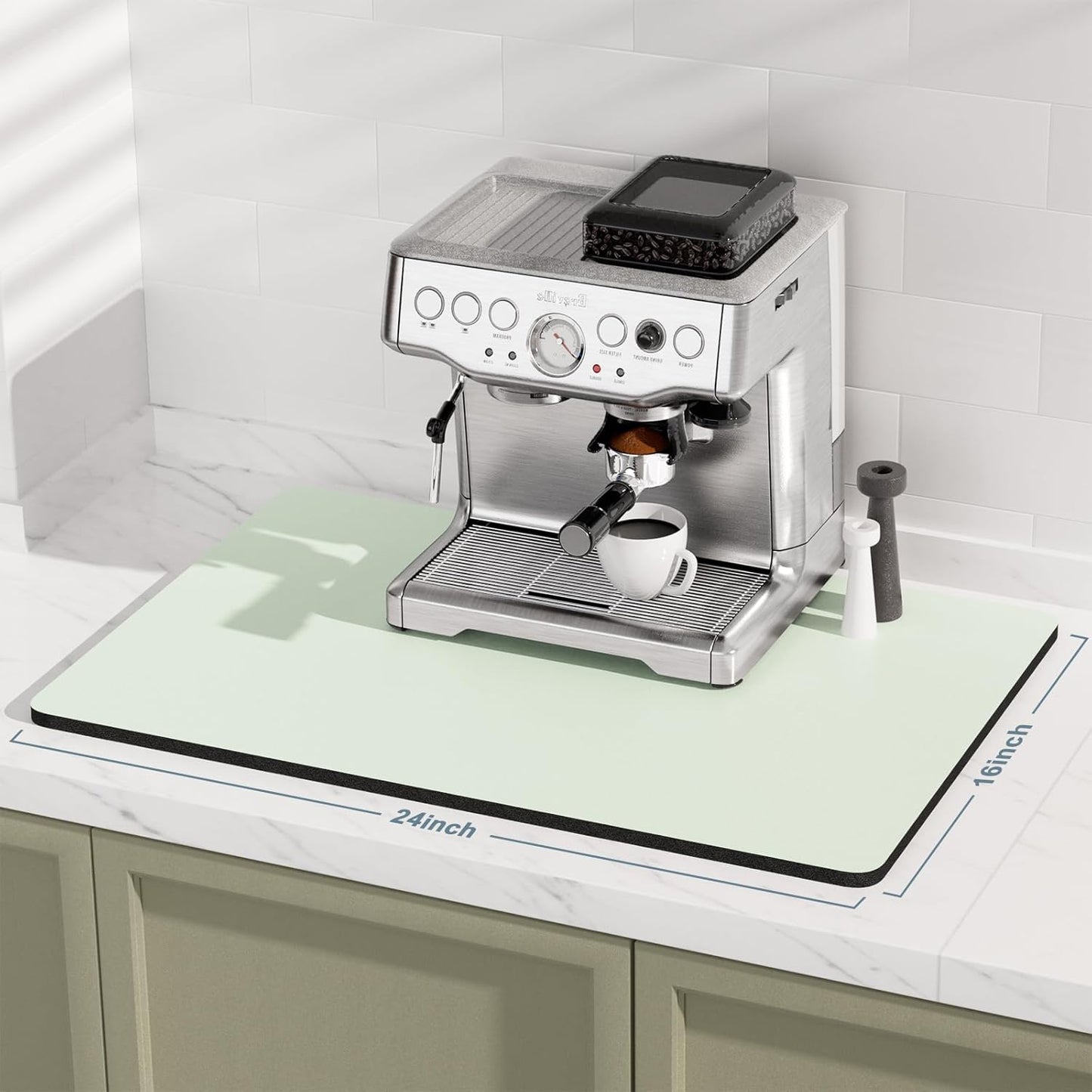 Rnivvi Coffee Mat, 16" x 24" Coffee Bar Mats for Espresso Machine Station Accessories and Organizer, Hide Stain Rubber Backed Absorbent Dish Drying Pad for Kitchen Counter, Cute Bar Decor Pad, Green