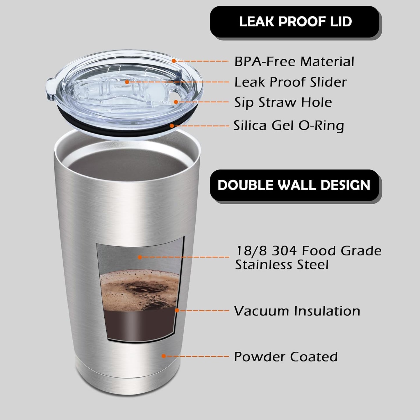 20oz Tumbler Bulk Stainless Steel Tumblers with Lid Vacuum Insulated Double Wall Travel Coffee Mug Powder Coated Tumbler Cup for Hot and Cold Drinks(Stainless Steel, 6 pack)