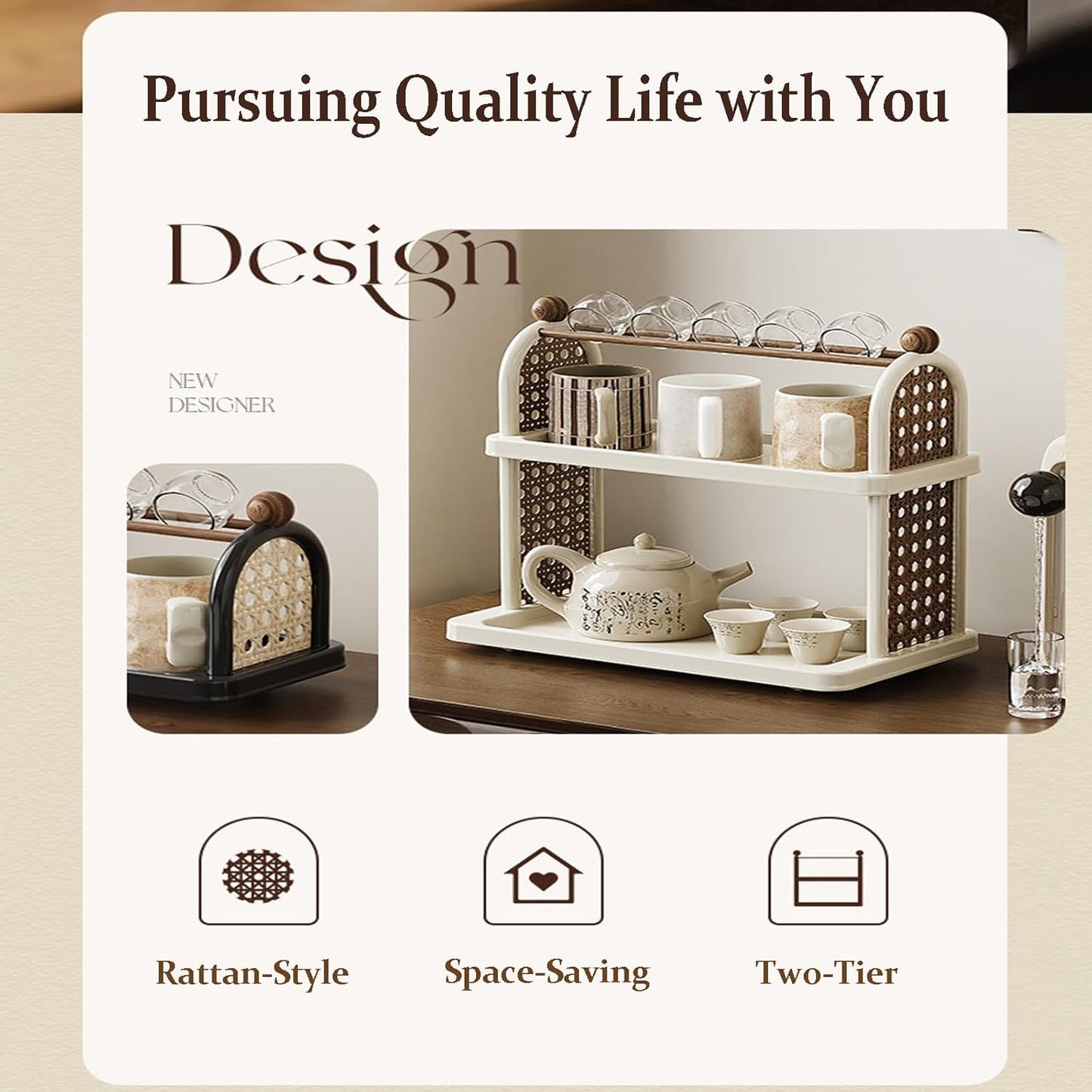 2-Tier Rattan Organizer Vintage Coffee Mug Cup Holder for Countertop Kitchen Bedroom and Living Room, Saucer Bottle Storage Kitchen Accessories (Black)