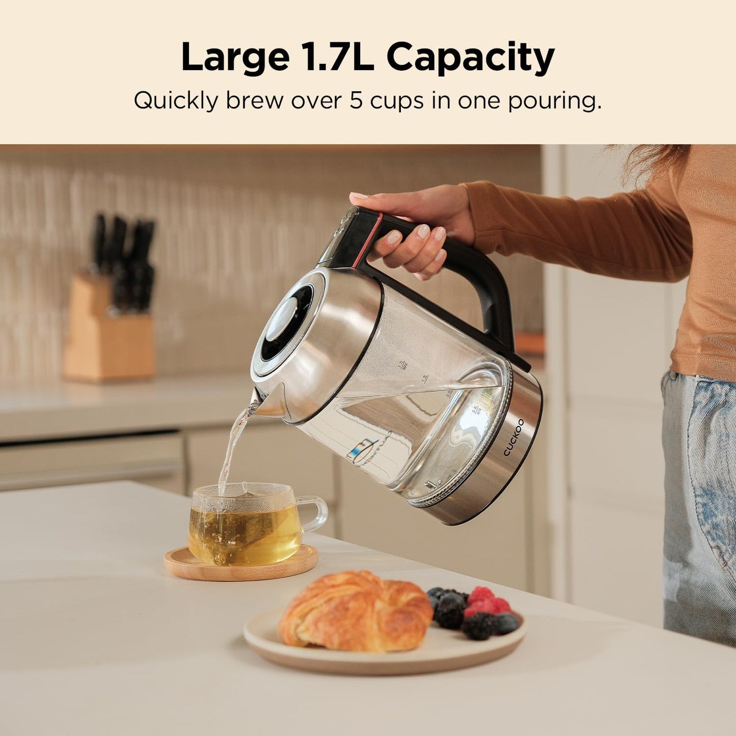 CUCKOO Electric Tea Kettle with Infuser, Glass Electric Kettle with Multi-Temperature Control, Easy to Read LED Lights, 1.7 Liter Capacity Tea Maker Pot (CK-G170BS)