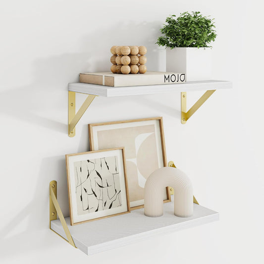 Dreamland Deep Floating Shelves for Wall, 16W x 8D Wall Mounted Shelves Set of 2, Floating Shelves Bedroom with Sturdy Metal Brackets for Living Room, Bathroom and Kitchen, White with Gold Brackets