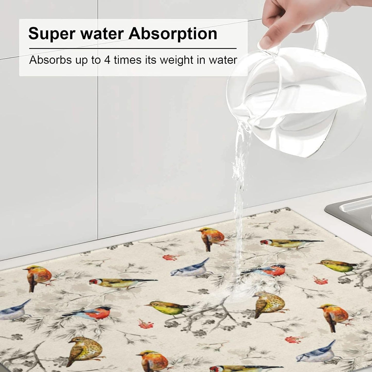 Spring Birds Dish Drying Mat Chinoiserie Watercolor Floral Branch Colorful Bird Microfiber Absorbent Drying Mats Reversible Kitchen Countertop Protector Dishes Drainer Rack Pad 18x24 Inch