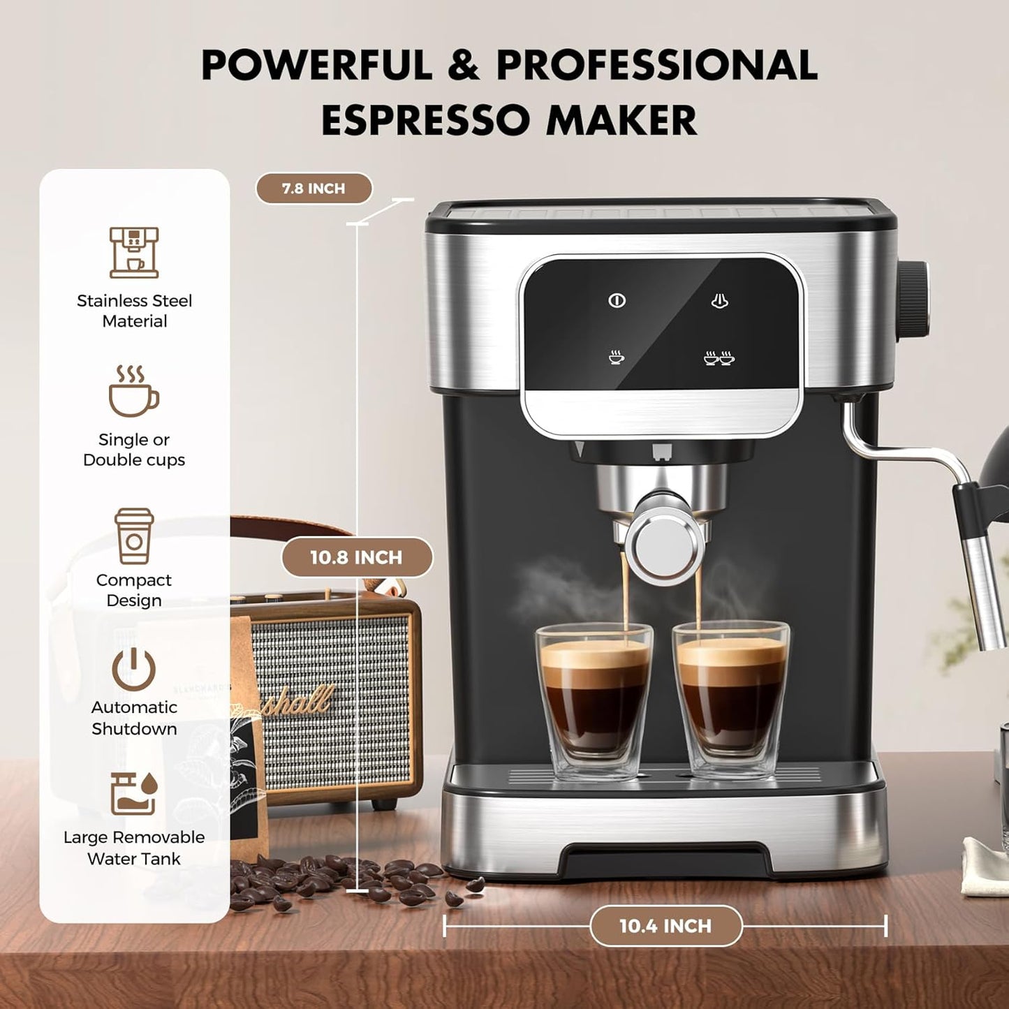 Espresso Machine 20 Bar, Professional Espresso Maker With Auto Milk Frother, Home Compact Espresso Coffee Machine With Led Touch Screen, 61OZ Removable Water Tank For Latte, Cappuccino