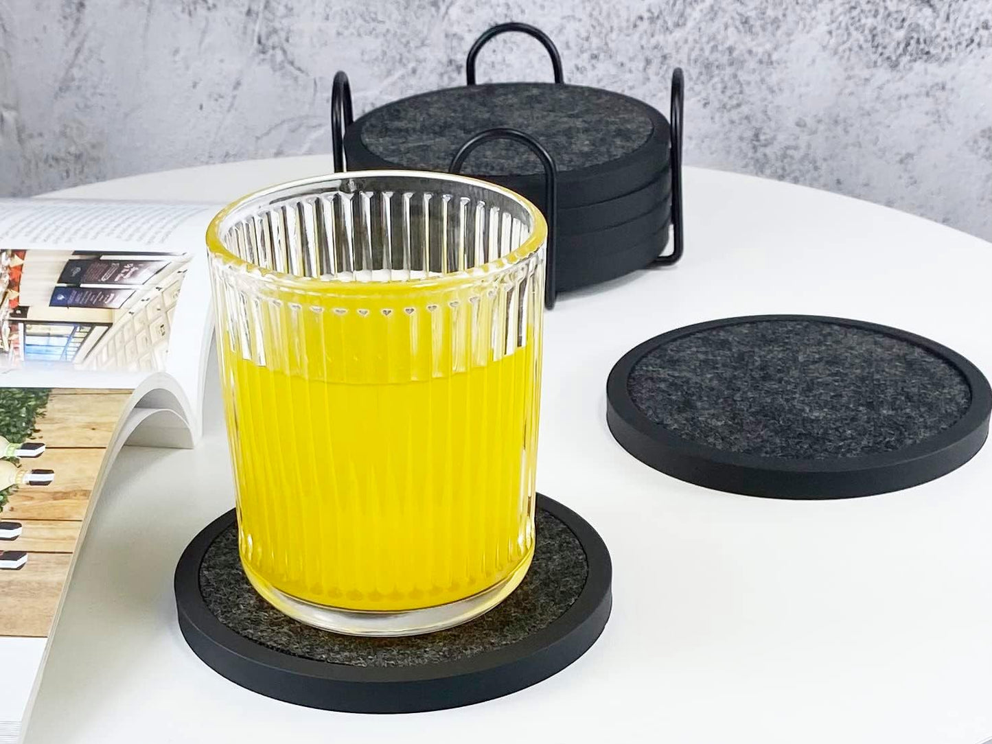 Absorbent Coasters for Drinks with Holder - 6packs, Silicone Coaster with Soft Felt Insert (4.3 inch Coasters with 4.5 inch Holder, Black and White)