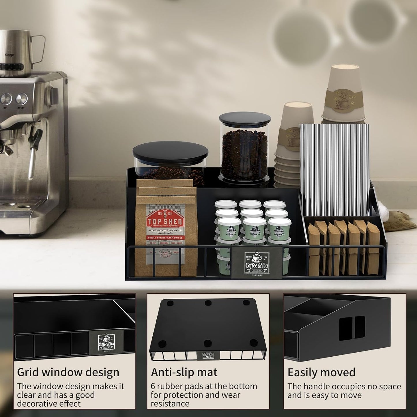 Metal Coffee Station Organizer for Countertop - Coffee Bar Organizer with Designable DIY Logo, K Cup Pods Holder & Tea Condiment Storage - Rustic Breakroom Kitchen Decor in Balck