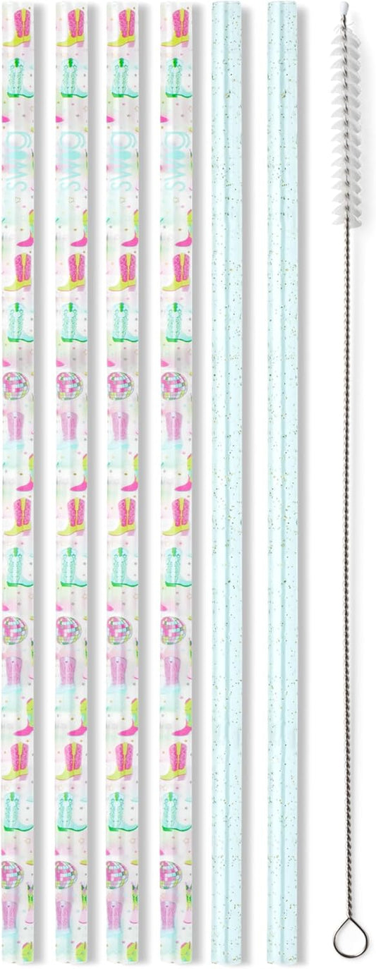 Swig Life Reusable Straws Disco Cowgirl + Aqua Glitter Tall Straw Set & Cleaning Brush, Each Straw is 10.25 inch Long (Fits Swig Life 20oz Tumblers, 22oz, and 32oz Tumblers)