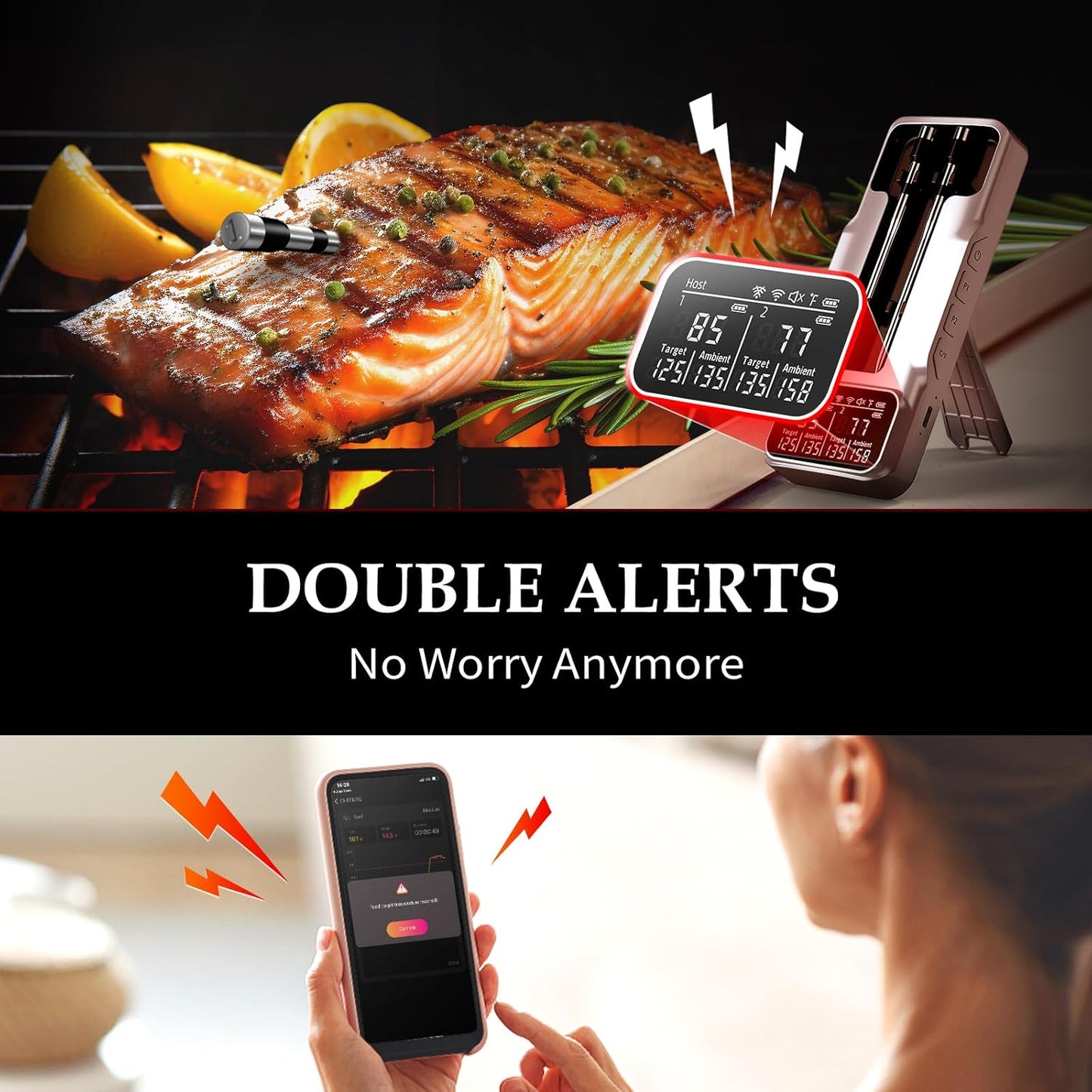 800FT Smart Wireless Meat Thermometer with Digital Meat Probe, Bluetooth Meat Thermometer with App Host Control for Barbecue, Outdoor Grilling, Oven & Smoker (Two*Probe-01)