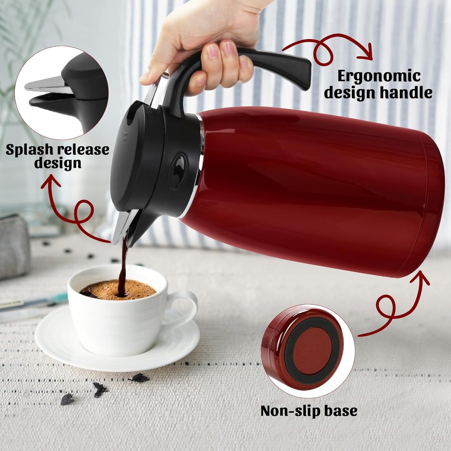 70oz Thermal Coffee Carafe, 2L Stainless Steel Thermos for Hot Drinks, Double Wall Vacuum Carafe for Hot Liquids Large Tea Thermos for Home School Office for Valentine's Day Burgundy