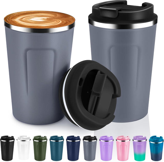 Volhoply 12 oz Double Wall Insulated Vacuum Travel Coffee Mugs with Flip Lid Bulk 2 Pack,Reusable Stainless Steel Leak Proof Coffee Cup,Portable Cafe Thermal Tumbler for Hot & Cold Drinks(Gray,2 Set)