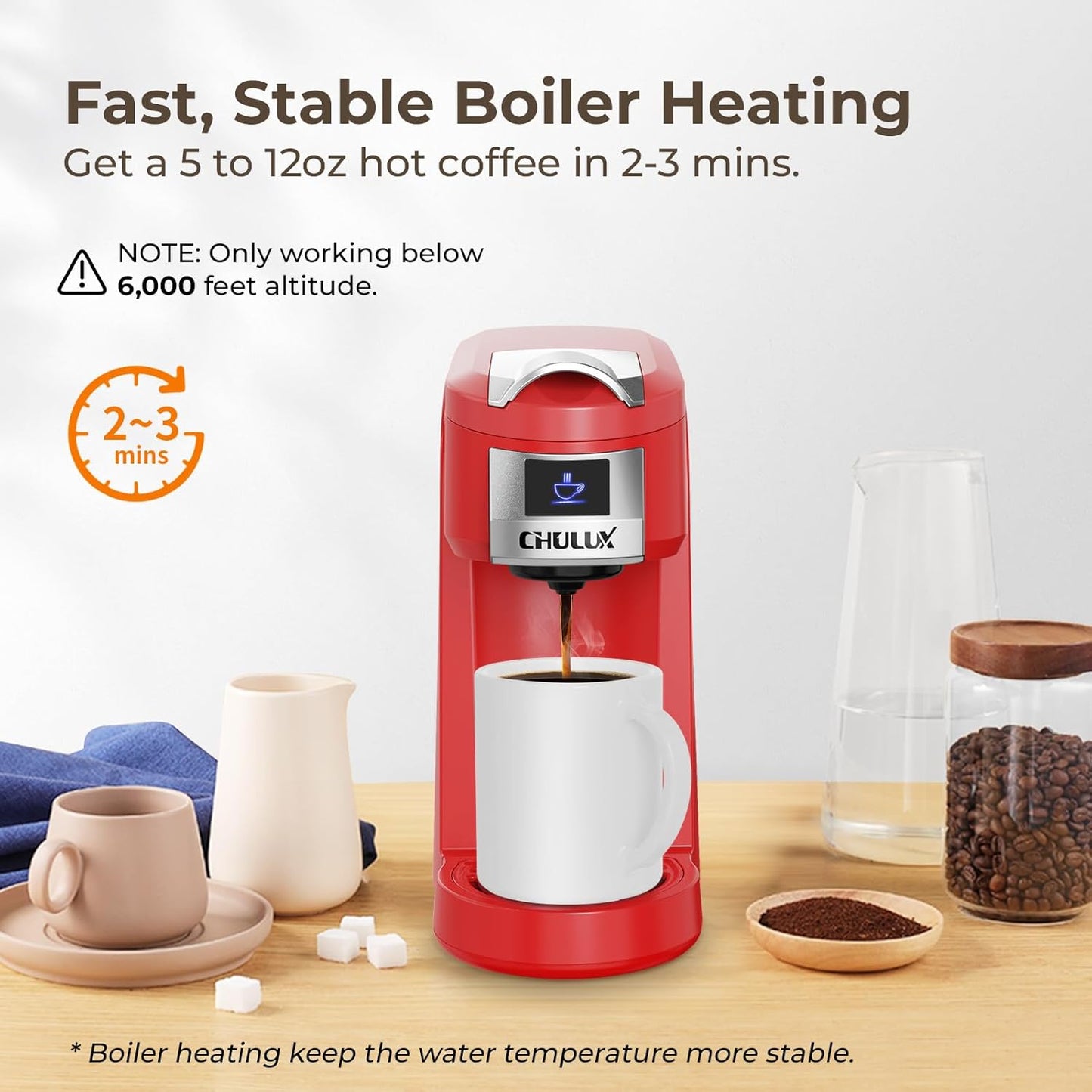 CHULUX Classic Single Serve Coffee Maker for K Cup, One Button Easy Coffee Machine for Office, RV, Travel and Dorm, Red