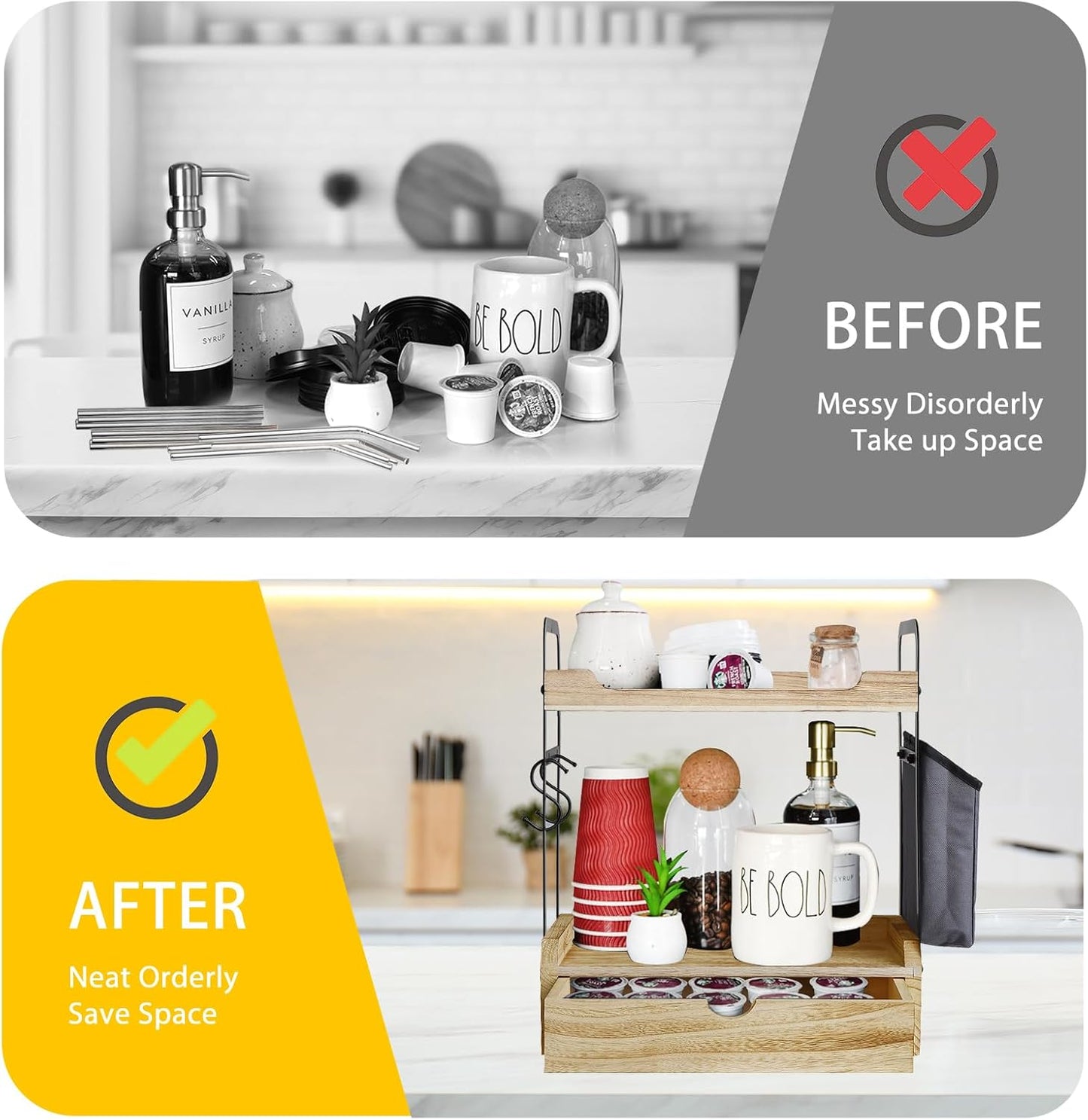 Coffee Station Organizer for Counter, Condiment Storage Caddy for Kitchen with Hooks and Bag,2 Tier Wooden Shelf for Coffee Bar Accessories,Coffee Bar Organizer for Kitchen, Home, Office-Brown