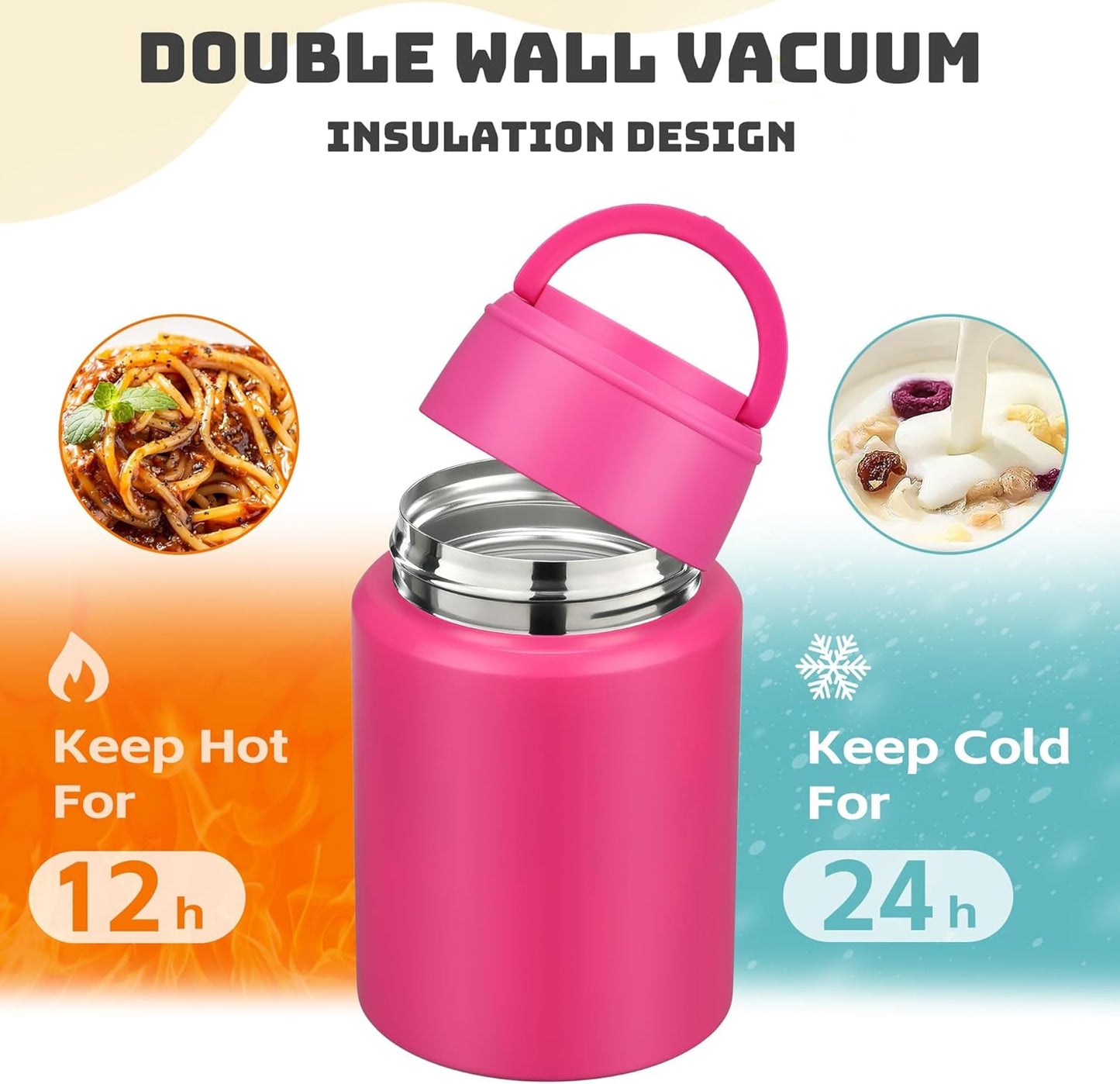 Soup Thermo for Hot Food Kids 16oz Insulated Food Jar Leakproof Thermo Lunch Container for Kids Wide-Mouth Stainless Steel Lunch Box for School with Handle Folding Spoon(3+)