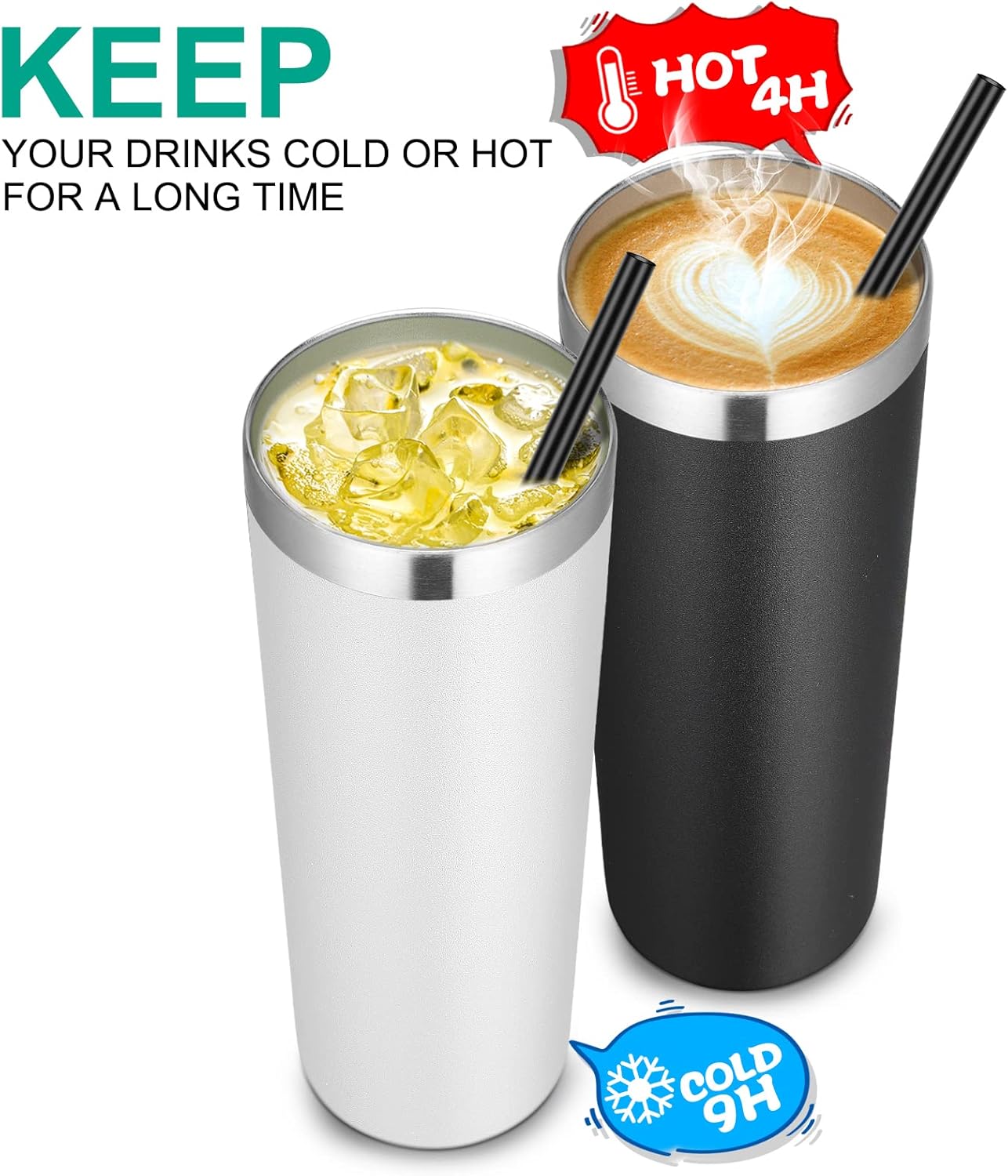 VEGOND Stainless Steel Tumblers Bulk 8 Pack, 20 oz Vacuum Insulated Skinny Tumblers with Lid and Straw, Double Wall Coffee Mug, Travel Water Cup, White