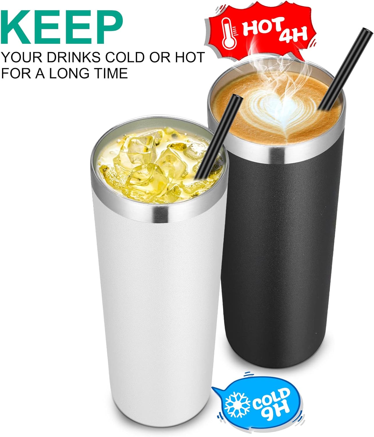 VEGOND Stainless Steel Tumblers Bulk 6 Pack, 20 oz Vacuum Insulated Skinny Tumblers with Lid and Straw, Double Wall Coffee Mug, Travel Water Cup, Black