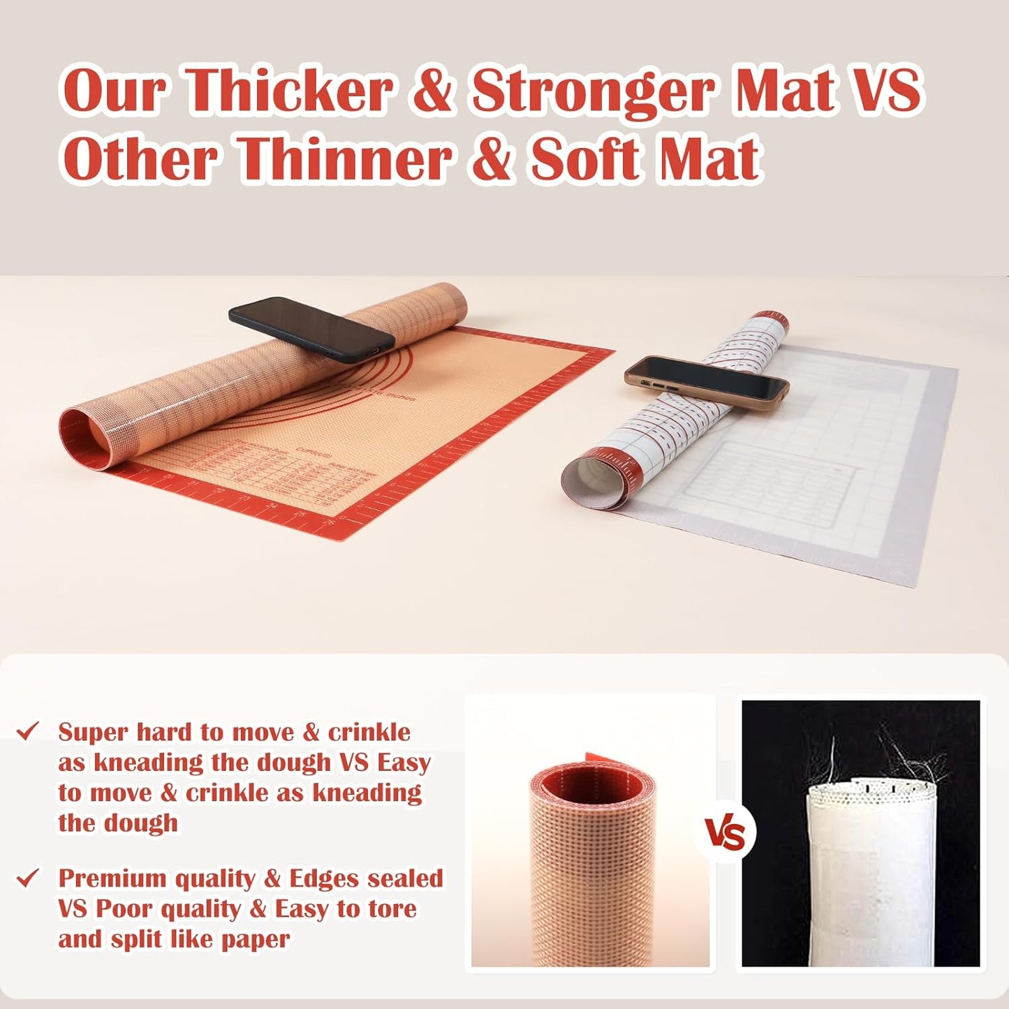 Extra Thick Silicone Pastry Mat Large for NonStick Silicone Baking Mat with Measurement，for Kneading, Fondant/Counter Pad, Dough Rolling, Silicon Cookie Sheet, Pie Crust Bake(16×24, Red)